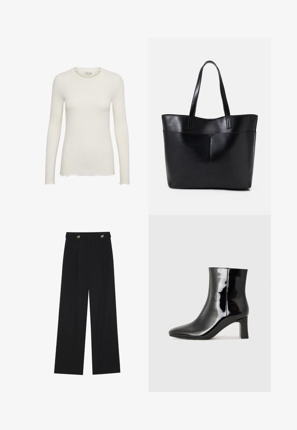 White long-sleeve ribbed top with a round neckline and scalloped hem. Made of soft fabric, featuring a fitted silhouette.; Black wide-leg trousers with high waist, button details on waistband, and front pleats.; Black patent leather ankle boot with a pointed toe and a mid-height block heel. Smooth texture and minimalist design.; Black leather tote bag with two long handles, a smooth texture, and a structured shape. Features a front pocket for additional storage.