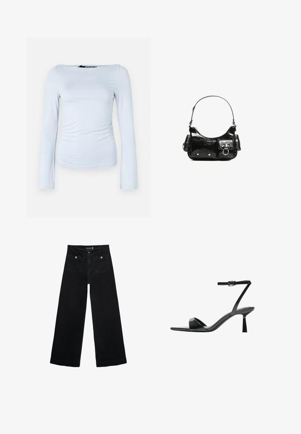 Svetlo modra dolga majica z dolgimi rokavi, narejena iz mehkega, raztegljivega materiala, ki ima čolnasti ovratnik in nabran detajl na straneh za prilegajoč silhueto.; Črne široke kavbojke z visokim pasom, ki imajo dva sprednja žepa in kovinske gumbi. Tkanina ima gladko teksturo.; Bershka Sandali z visoko peto - black; Črna lakasta usnjena torbica s ukrivljeno obliko, enim ramenskim trakom, sprednjimi žepi in srebrnimi kovinskimi dodatki.