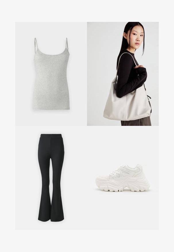 Pilkos spalvos marškinėliai be rankovių, pagaminti iš minkštos medvilnės, su plonomis reguliuojamomis petnešomis ir apykakle, turinčiais lygų, tekstūruotą paviršių.; Juoda platės kelnės, pagamintos iš tamprios medžiagos. Turi aukštą juosmenį ir glotnią, prisitaikančią struktūrą, kuri išsiplėtė nuo kelio žemyn.; Baltos masyvios sportinės bateliai su tekstūruotu paviršiumi, tinkliniais elementais ir storais guminiais padais su ryškiu protektoriumi. Įtrauktos raišteliai ir kilpa.; Bežinė rankinė, pagaminta iš minkštos medžiagos, turinti laisvą dizainą, siuvinėtas detalės ir dvi petnešos. Tinkama kasdieniam naudojimui.