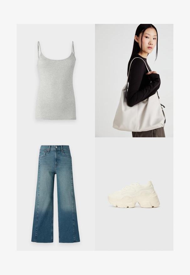 Top gri din bumbac moale, cu bretele subțiri ajustabile și un decolteu rotund, având un finisaj neted și texturat.; Jeans cu picioare largi, într-o nuanță medie de albastru, având un efect de gradient de la mai închis la mai deschis. Fabricate din denim cu un design tradițional cu cinci buzunare.; Tenisi albi voluminoși, fabricați din plasă texturată și materiale sintetice, cu o talpă groasă și detalii de model intricate pe laturi.; Geantă bej din material moale, cu un design lejer, detalii cusute și două bretele pentru umăr. Potrivită pentru utilizarea zilnică.