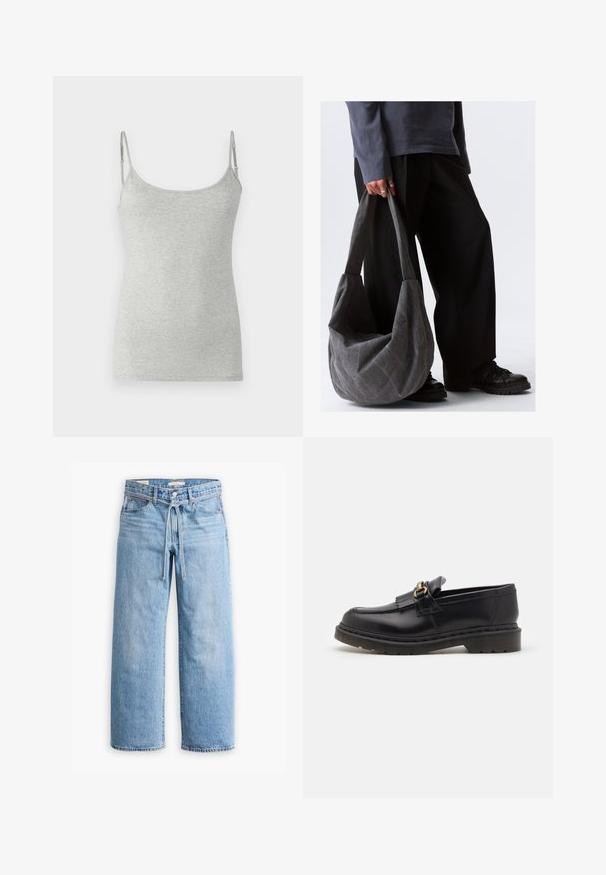 Hallhalli hall t-särk, mis on valmistatud pehmest puuvillast, õhukeste reguleeritavate rihmade ja ümmarguse kaelusega, sujuva ja tekstuurse viimistlusega.; Heledad sinised laiad püksid kõrge vöökohaga, nupukese ja tõmbluku sulgemisega ning nööridega detailiga vöökoht. Tooriku serv.; Mustad musta nahast loaferid ümarate varvastega, dekoratiivsete frantsi ja kuldsete aksessuaaridelementidega. Paksem kummist tallad lisavad haakimist ja vastupidavust.; Hallide hall fabricï õlakott, millel on lõtv kuju, sile tekstuur ja laiad rihmad. Kotti hoiab tumedates pükstes isik.