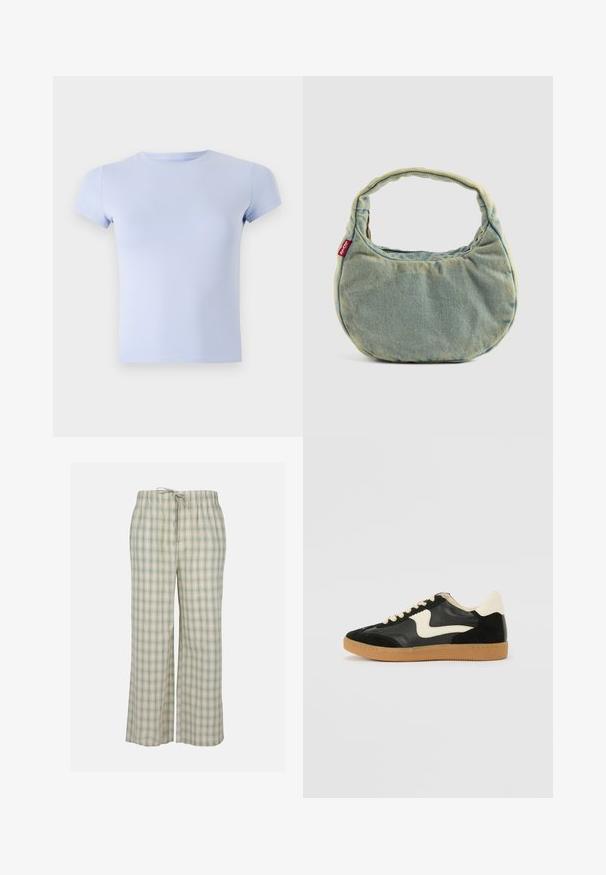 Svetle modré tričko s krátkým rukávem vyrobené z hladké, elastické tkaniny s kulatým výstřihem a přiléhavým střihem. Žádné viditelné vzory ani akcenty.; Zeleno-bílé kárované pyžamo kalhoty, vyrobené z měkké látky, mají elastický pas s tkaničkou a široké, volné nohavice.; Černé semišové a kožené tenisky s krémovým postranním swooshem a světlým krémovým podpatkem. Mají béžové tkaničky a podešev z gumové pryže.; Světle modrá denimová taška s krátkým polstrovaným uchem a malou červenou visačkou s logem Levi's na boku, umístěná na jednobarevném pozadí.