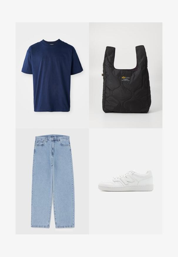 Marineblå bomulls T-skjorte med rund hals, korte ermer og en subtil präget logo på brystet. Enkel flat design, myk tekstur.; Lyseblå denimjeans med rett ben-design, med mid-rise liv, fem lommer og knap og lynlås lukning.; Hvit sneakers laget av glatt lær, med perforert tå, en teksturert gummisåle, flate lisser og en fremtredende 'N' logo på siden.; Svart quiltet tote-veske med stor åpning, buede former på overflaten, og en etikett med gul og hvit tekst på forsiden.