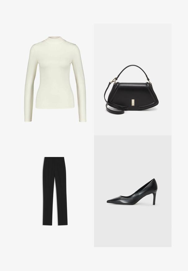 BOSS EMATA - Långärmad tröja - weiss; Svarta skräddarsydda byxor med rak bendesign, som har framfickor och ett slätt, strukturerat tyg. Prydlig, minimal detaljer.; Svarta läderpumps med spetsig tå och smal klack, slät textur och inga synliga dekorationer. Ren design med en minimalistisk estetik.; Svart läderhandväska med en strukturerad design, som har en avskuren form, ett handtag upptill och guldiga detaljer. Justerbar axelrem ingår.