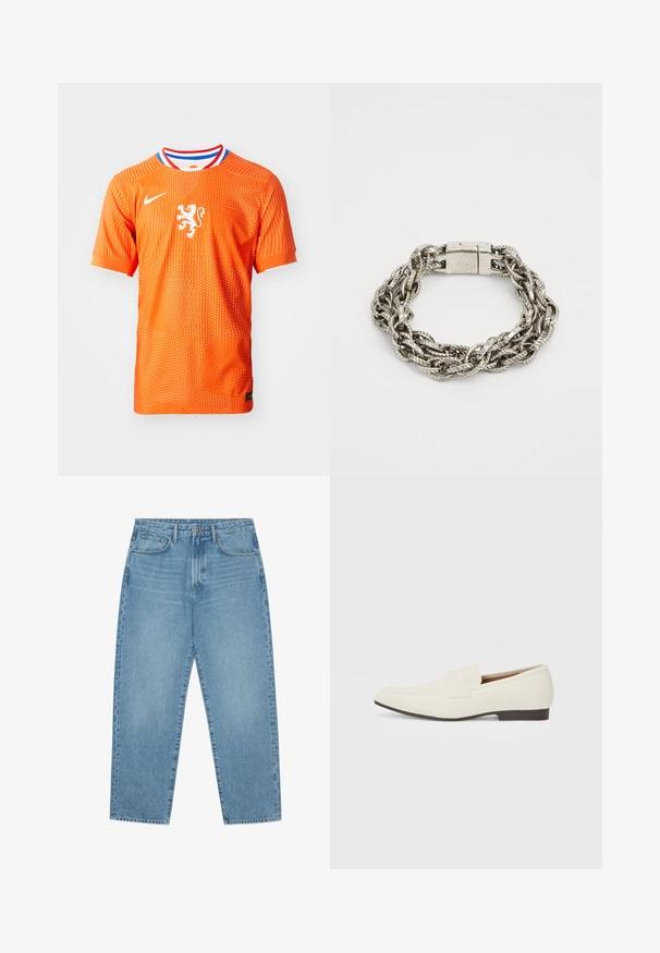 Pomarańczowa koszulka piłkarska z krótkim rękawem o kropkowanej fakturze, z białym herbem lwa i wielokolorowym kołnierzykiem. Wykonana z lekkiego materiału.; Jasnoniebieskie dżinsowe spodnie o szerokich nogawkach i wysokim stanie, z pięcioma kieszeniami, szlufkami na pasek oraz miękką, lekko przytłumioną fakturą.; Jasne beżowe mokasyny z wąskim noskiem, gładkim materiałem, paskiem na wierzchu stopy oraz niską brązową podeszwą. Prosty design z minimalnymi akcentami.; Srebrna metalowa bransoletka na łańcuszku, z plecionym wzorem i teksturowanymi pasmami oraz zapięciem na klamrę. Gładkie wykończenie z odbijającymi światło powierzchniami.