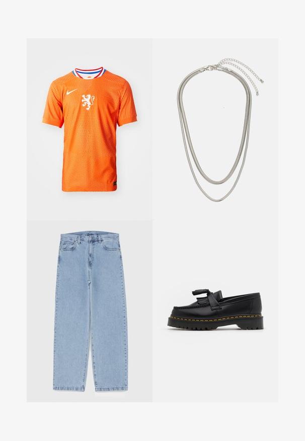 Oransje fotballtrøye med korte ermer og prikkete tekstur, med et hvitt løveemblem og en flerfarget krage. Laget av lett material.; Lyseblå denimjeans med rett ben-design, med mid-rise liv, fem lommer og knap og lynlås lukning.; Svart skinn loafers med en kvastdetalj, med en tjock svart sula och gul sömnad längs kanten. Texturerad yta.; Tre-lags sølvmetallkjede med elegante, fleksible kjeder med en svak glans, sikret med en krabbe-lås og justerbar kjede.