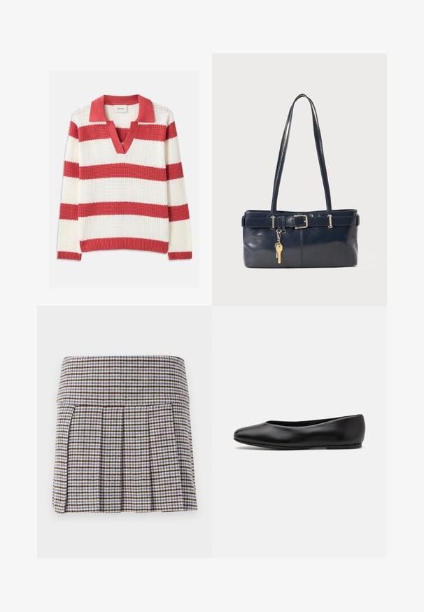 Red and white striped knitted sweater with a V-neck and collar. Textured fabric, featuring wide horizontal stripes and ribbed trim.; Pleated skirt in a brown, beige, and blue check pattern. Made of a textured fabric with a fitted waistband and decorative pleats.; Paul Smith TOPANGA - Ballet pumps - black; Navy leather handbag with two long handles, a buckle detail, and a keychain attached. Features a smooth texture and a rectangular shape.