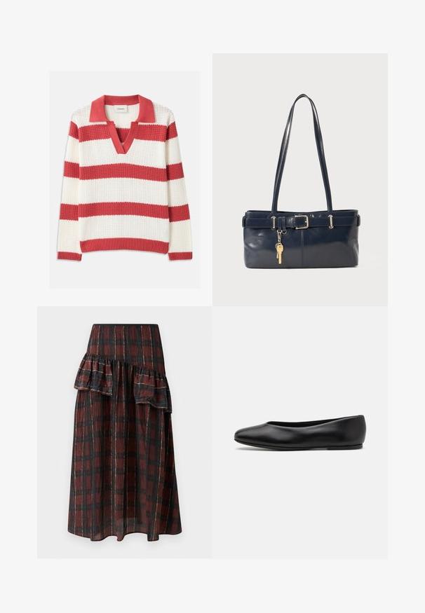 Rød og hvid stribet strikket sweater med V-hals og krave. Tekstureret materiale med brede horizontale striber og ribbet kant.; Maxikjole i mørkerød og sort ternet mønster, med lagdelte flæser i livet, lavet af letvægtsstof med en blød tekstur.; Paul Smith TOPANGA - Ballerinasko - black; Mørkeblå læderhåndtaske med to lange håndtag, en spænde detaljer og en nøglering vedhæftet. Den har en glat tekstur og en rektangulær form.