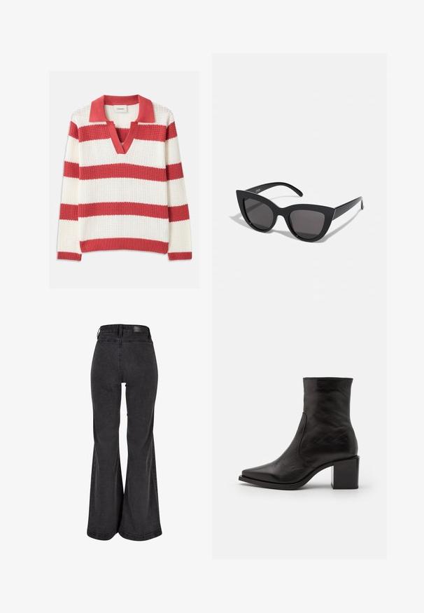 Raudonos ir baltos dryžuotos megztos megztinio su V formos iškirpte ir apykakle. Tekstūruota medžiaga, su plačiais horizontaliais dryžiais ir raukšlėtu apdailos kraštu.; Juodieji platūs džinsai su lygiu tekstūru, aukštu liemeniu ir užrašyto logotipo pleistru nugaroje. Turi platų kojų dizainą, sustiprintus siūlus.; Juodas odinis aulinukas su kvadratiniu pirštu ir blokuotu kulniuku. Dizainas pasižymi lygia tekstūra ir minimaliai siūlės detalėmis.; Juodos katės akies akinių nuo saulės su matinio paviršiaus danga, turinčiais pilkai tonuotus lęšius, aštriomis linijomis ir elegantiškomis šoninėmis kojelėmis. Prekės ženklas matomas vidinėje kojelėje.