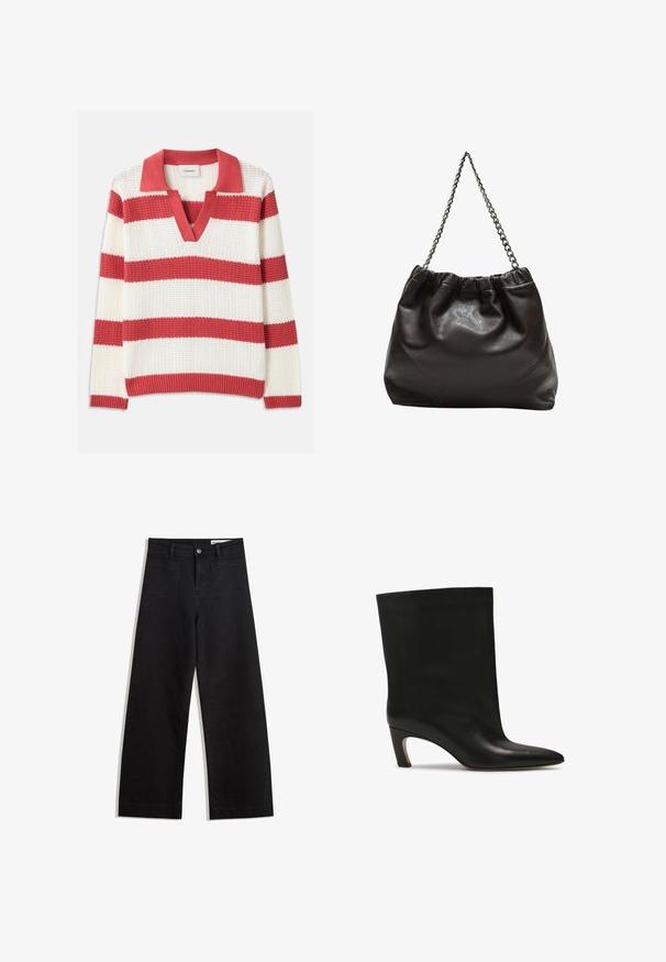 Rød og hvid stribet strikket sweater med V-hals og krave. Tekstureret materiale med brede horizontale striber og ribbet kant.; Sorte wide-leg denim bukser med høj talje, der har front- og baglommer, syede sømme og en knaplukning. Glat tekstur.; Sorte læder ankelstøvle med spids tå og afsmalnet hæl, der har en glat overflade og sømløst design.; Brun lædertaske med en rynket top og en kædestrop. Glat tekstur med en blank finish og subtile sømdetaljer på siderne.