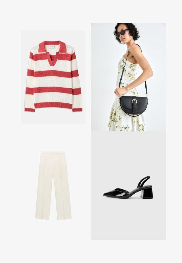 Maglione a righe rosse e bianche lavorato a maglia, con scollatura a V e colletto. Tessuto tridimensionale, con ampie righe orizzontali e bordi a coste.; Pantaloni a gamba larga di un leggero colore crema. Realizzati in un tessuto morbido con pieghe sul davanti e tasche laterali.; Décolleté in vernice nera con punta affusolata e tacco in geometria cubica. Presentano un design elegante e minimalista, con una texture liscia.; Borsa a tracolla nera in pelle con una forma curva, manico rimovibile e accessori dorati. La borsa presenta una patta con un dettaglio a fibbia.