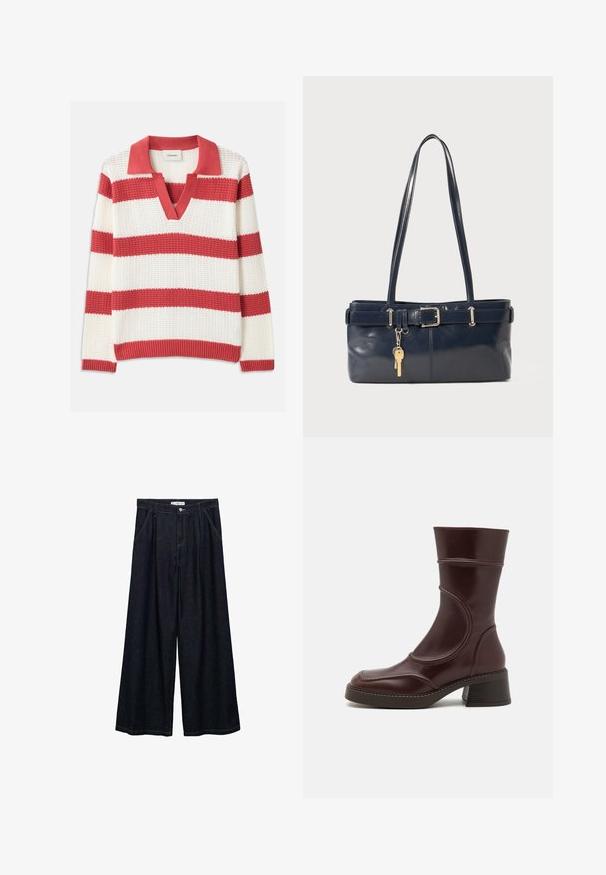 Maglione a righe rosse e bianche lavorato a maglia, con scollatura a V e colletto. Tessuto tridimensionale, con ampie righe orizzontali e bordi a coste.; Pantaloni larghi in denim scuro con vita alta, dotati di chiusura frontale con bottone, due tasche laterali e dettagli di cucitura.; MIISTA MALENE - Stivaletti - brown; Borsa a mano in pelle blu con due manici lunghi, un dettaglio con fibbia e un portachiavi attaccato. Presenta una texture liscia e una forma rettangolare.