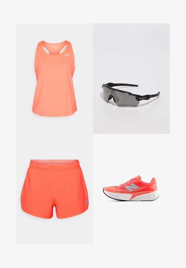 Top sportivo rosa con scollatura a barca, design a schiena scoperta e fori di ventilazione. Presenta un piccolo logo riflettente sul davanti.; Pantaloni da corsa da uomo in un vivace corallo, realizzati in tessuto traspirante con texture perforata. Presentano una cintura elastica e un accento blu del logo.; Scarpa da corsa leggera in un vivace corallo con tomaia in rete e logo argentato. Suola intermedia bianca con texture distintiva e suola esterna in gomma nera.; Occhiali da sole sportivi neri con design elegante, lenti avvolgenti, lenti grigie e bracci in plastica nera testurizzati. Nessun logo visibile.