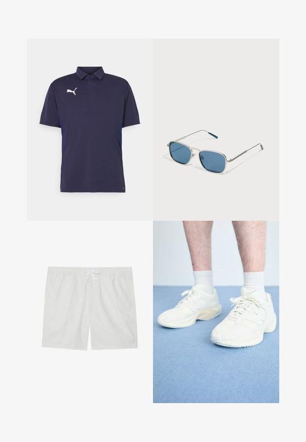 Tumši zila polo krekls ar īsām piedurknēm, kurā ir balts Puma logo uz krūtīm un teksturēti paneļi sānos. Klasiska apkakles dizains.; Baltas kokvilnas šorti ar elastīgu jostu un aukliņu, ar divām sānu kabatām un tīrām līnijām, piedāvājot vienkāršu dizainu.; Baltie sporta sneakers ar sietiņu un zamšu detaļām, teksturēta zole, apaļu formu un auklu aizdari, valkāti kopā ar baltām potīšu zeķēm.; Saulesbrilles ar sudraba metāla rāmi, taisnstūra zilu stiklu un plānām kājām. Uz tempļa galiem ir zili akcenti.