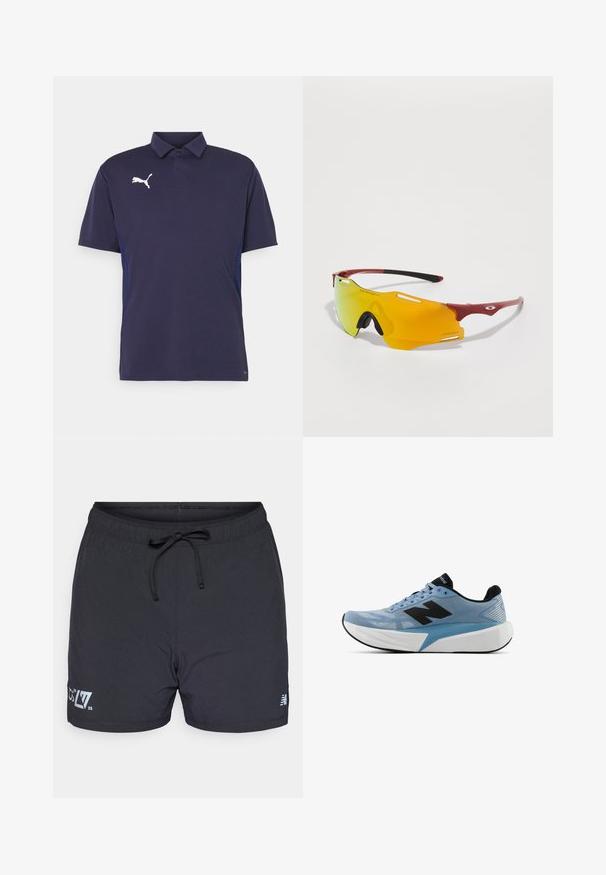 Námornícka modrá polokošela s krátkym rukávom, so bielym logom Puma na hrudi a texturovanými panelmi na stranách. Klasický dizajn goliera.; Čierne plavky z ľahkej tkaniny, s elastickým pásom a šnúrkou na stiahnutie, s jemným textúrovaným vzorom. Logo akcenty vpredu.; Svetlo modrá bežecká obuv s čiernym logom, hrubou bielou podrážkou a čiernym vnútorným podšitím, zobrazená z boku na bielom pozadí.; Športové slnečné okuliare s obopínajúcim dizajnom, žltým zafarbením šošoviek, červeným rámom a čiernymi koncami. Obsahujú výrezy na šošovkách pre ventiláciu.