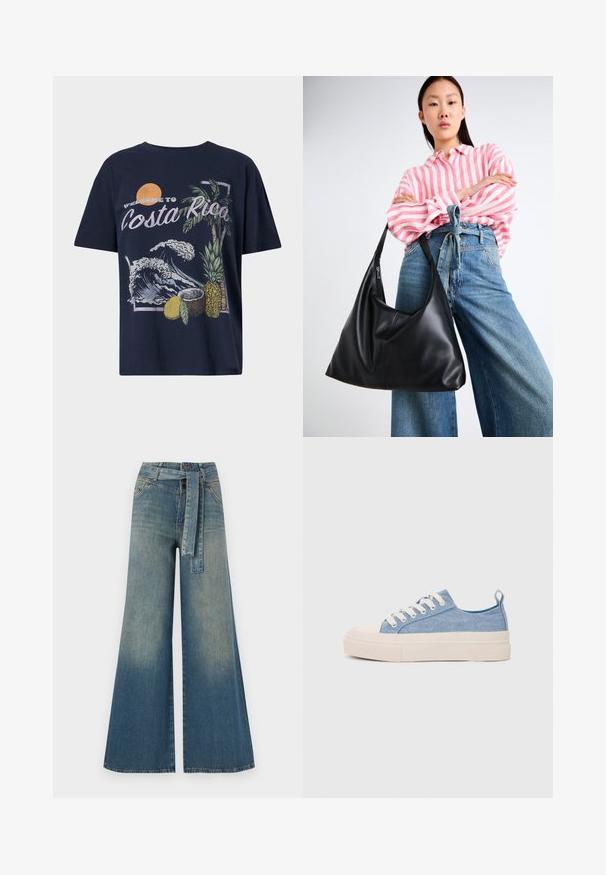 Tums zila kokvilnas T-krekls ar grafiku "Laipni lūdzam Kostarikā", apvienojot viļņu, palmu, ananāsu un kokosriekstu ilustrācijas.; Platām kājām džinsu bikses ar gaismas līdz tumši zilam gradientam, augstu jostas līniju, jostas cilpām un atbilstošu auduma jostu. Tekstūrēts džinsas apdare.; Gaiši zili kanvas sneakeri ar krēmkrāsas gumijas pirksta aizsargu un ārējo zoli, aprīkoti ar baltām šņorēm un cilpu uz papēža.; Melnas ādas plecu soma ar vaļīgu formu un šuvju detaļām. Modelis valkā rozā un baltu svītrainu kreklu ar plaša kāju ziliem džinsiem.