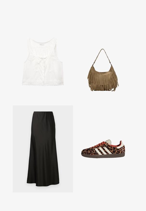 Vit ärmlös blus med spetsdetaljer, knytframslutning och dekorativa knappdetaljer på kroppen, med en avslappnad passform.; Svart satinmaxikjol med en slät textur, hög midja och utsvängd nederkant. Har en enkel design utan synliga mönster eller detaljer.; Leopardmönstrade sneakers i mocka, med röda snören och tre vita ränder på sidan. Har en krämfärgad plös och brun sula.; Brun mockaskinns väska med långa fransdetaljer, en böjd form och ett enda axelband. Har en jämn, strukturerad yta.