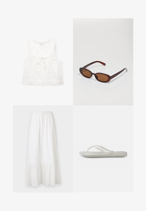 Bluză albă fără mâneci, cu dantelă la margine, închidere cu fundiță în față și detalii decorative cu nasturi pe bust, având o croială lejeră.; Fustă albă, până la genunchi, realizată dintr-un material ușor, cu talie elastică și șnur. Are o bordură volanată și o textură subtilă.; Flip-flop alb cu o talpă texturată, având bretele subțiri și un design plat. Fabricat din cauciuc, cu un logo subtil pe talpa interioară.; Ochelari de soare rotunzi, cu nuanțe de brown și cu un cadru lucios de burgund. Brațe subțiri cu detalii subtile de branding. Design cu lentile plate.