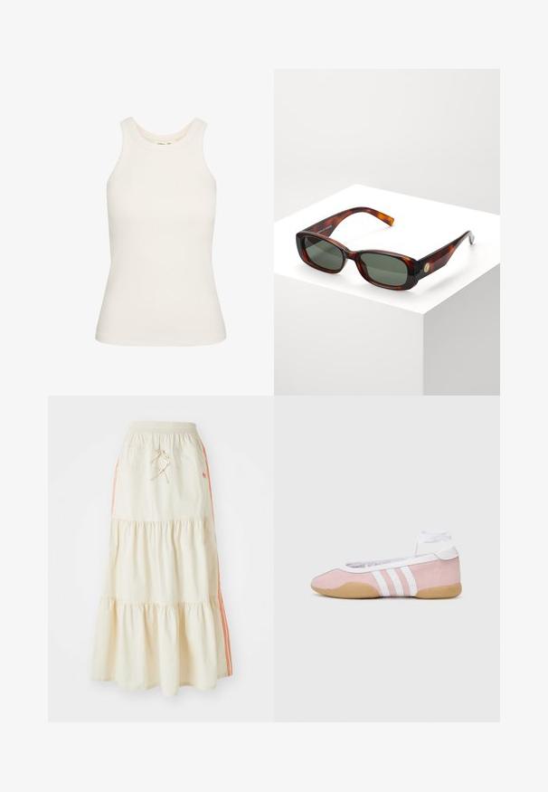 Bijela majica bez rukava napravljena od rastezljivog rebrastog materijala, s okruglim izrezom i bez rukava. Glatka tekstura, prilagođen oblik.; Suknja midi slojevita boje krem s elastičnom trakicom u struku i vezicom. Ima narančaste bočne pruge i meku, glatku pamučnu teksturu.; adidas Originals TAEKWONDO MEI BALLET - Tenisice - clear pink/ftwr white/gum; Naočale u obliku pravokutnika s uzorkom kornjačevine i zelenim lećama. Široki okvir, glatka završna obrada, zlatni detalj sa strane i uski držači.