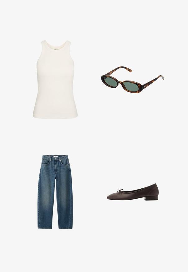 Witte tanktop van rekbare ribstof, met een ronde halslijn en mouwloos ontwerp. Soepele textuur, aangesloten pasvorm.; Donkerblauwe denim jeans met een rechte pijp, vijf-pocket ontwerp en een klassieke knoopsluiting. Zachte textuur met subtiele vervaging.; Bruine leren balletschoen met een ronde neus en een kleine blokhak. Kenmerkt zich door een dunne strik aan de voorkant en subtiele stikdetails.; schildpadbril met ovale monturen en groene lenzen. Heeft dunne spijlen met een metalen accent nabij de scharnieren.; Geweven bruin handtas met een ronde silhouet, voorzien van een bovenhandvat en een gestructureerde oppervlakte. Compact ontwerp met een platte basis voor stabiliteit.