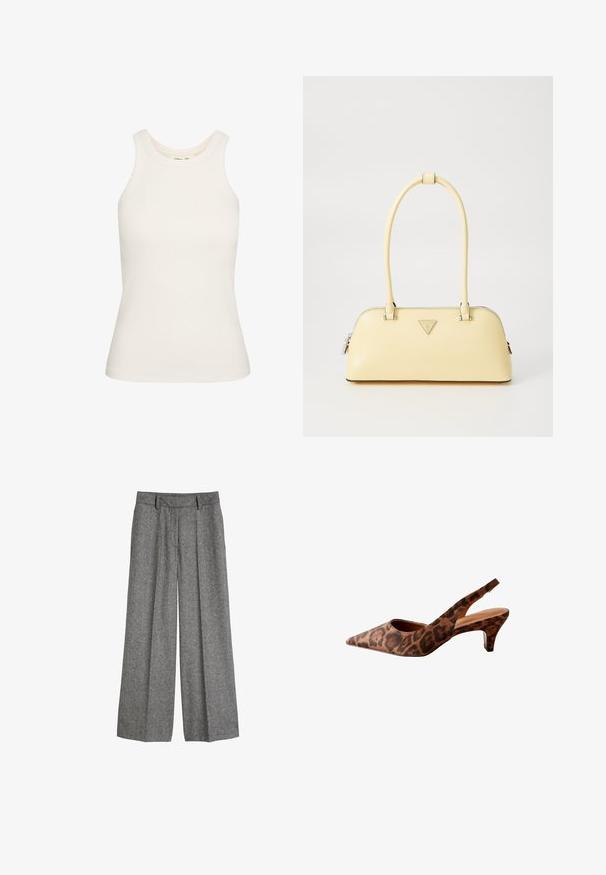 Biele tielko s elastickou rebrovanou tkaninou, s okrúhlym výstrihom a bezrukávovým dizajnom. Hladká textúra, priliehavý strih.; Sivé vlnené nohavice s širokými nohavicami, s pútkami na opasok a prednými skladmi, navrhnuté pre voľný, strihaný strih.; Sandalové podpätky s leopardím vzorom, s špičatou špičkou, nízkym podpätkom a hladkým povrchom. Obsahuje výrezový dizajn na bokoch a vzadu.; Žltá lakovaná kožená kabelka zaobleného tvaru, s jedným horným uchom a striebornou logom doskou. Obsahuje zapínanie na zips a hladký povrch.