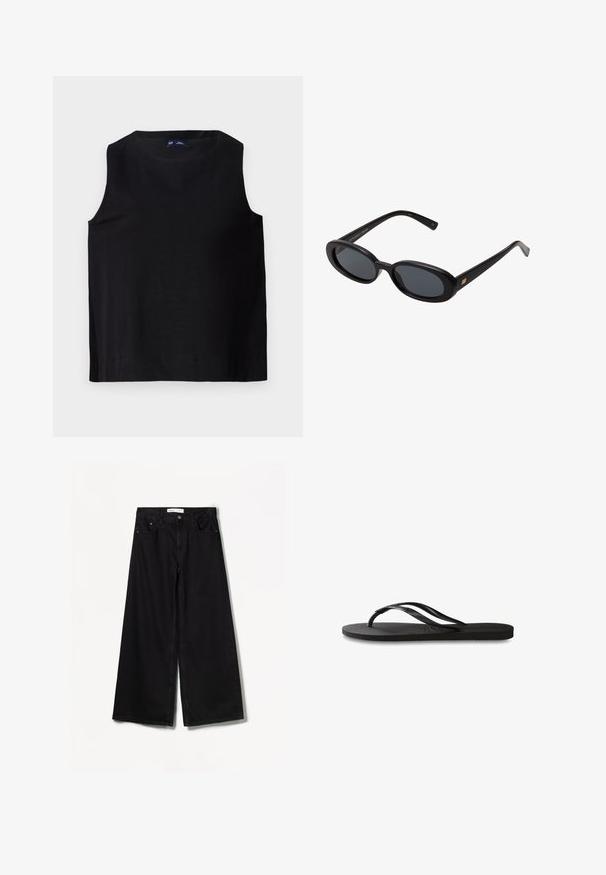 Top senza maniche nero con colletto rotondo, realizzato in un tessuto morbido. Presenta un taglio dritto e orlo pulito, design minimalista.; Bershka WIDE-LEG - Wide Leg - black; Infradito neri con suola in gomma testurizzata, due cinghie sottili e un sottile dettaglio del logo impresso sulla cinghia.; Occhiali da sole neri oversize con lenti ovali, montatura in plastica liscia e accenti dorati sulle tempie. Le lenti scure offrono protezione dal sole.; Borsa bordeaux realizzata in materiale lucido, forma rettangolare, con due spallacci e sottili dettagli curvi nella parte anteriore.