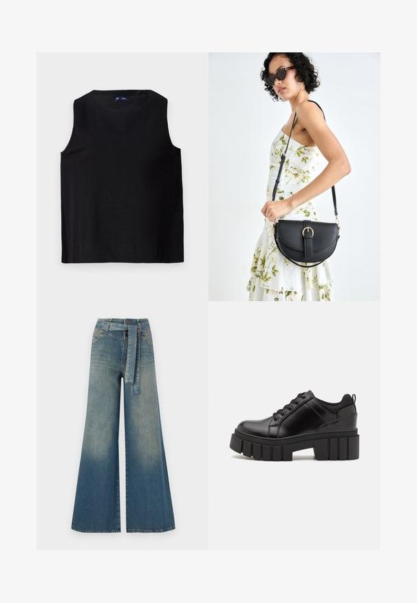 Top negru fără mâneci, cu decolteu rotund, realizat dintr-un material neted. Prezintă o croială dreaptă și un tiv curat, design minimalist.; Pantaloni din denim largi, cu un gradient de la albastru deschis la albastru închis, talie înaltă, bucle pentru curea și o curea din același material. Finisaj texturat din denim.; Pantofi cu talpă plată din piele neagră, cu toc gros, vârf rotund și design tradițional cu șireturi. Prezintă o textură netedă și detalii minime.; Geantă din piele neagră, cu o formă curbată, curea detașabilă și accesorii aurii. Geanta are un capac cu un detaliu tip cataramă.