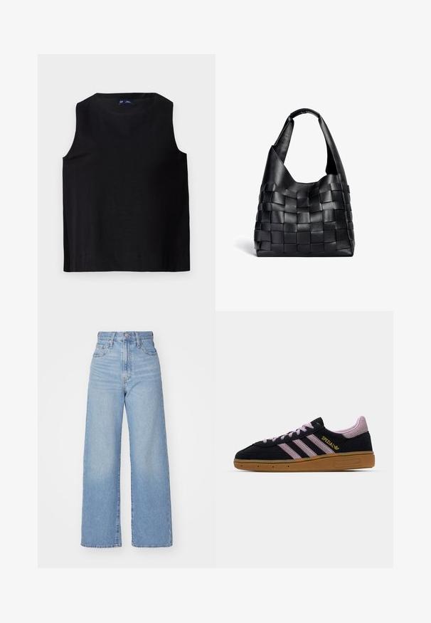 Schwarzes ärmelloses Oberteil mit rundem Ausschnitt, aus glattem Stoff gefertigt. Hat einen geraden Schnitt und einen sauberen Saum, minimalistisches Design.; Hellblaue High-Waist-Weite-Leg-Jeans mit Knopf- und Reißverschluss vorne, Vorder- und Rückentaschen, auf weißem Hintergrund.; Schwarze und rosa Wildleder-Sneaker mit Gummisohle, drei rosa Streifen, goldenem "SPEZIAL"-Branding und strukturiertem Gummiuntergrund. Niedrigschnitt-Design.; Schlichte schwarze Ledertasche mit geflochtenem Design, in lässiger Form und breitem Schulterriemen. Sie verfügt über eine strukturierte, verflochtene Optik mit glatter Oberfläche.