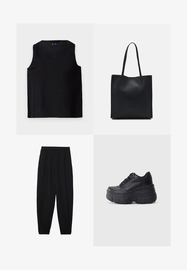 Svart ärmlös topp med rund halsringning, tillverkad i ett slätt tyg. Har en rak skärning och ren fåll, minimalistisk design.; Svarta, lätta byxor med elastisk midja och samlade ankleder. Tyget är slätt och har en avslappnad, avsmalnande design.; Svarta snörskor med en tjock sula, med överdel i slät läder, rund tå och en distinkt lagerdesign på plattformen.; Svart lädertoffelväska med slät textur, rektangulär form och två långa handtag. Ingen synlig hårdvara eller dekorationer.