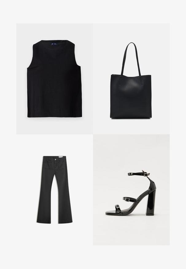 Black sleeveless top with a round neckline, made from a smooth fabric. Features a straight cut and clean hem, minimalistic design.; Black flared jeans made of denim with a smooth texture, featuring two back pockets and a button closure at the waist.; Black patent heeled sandals with a square toe, ankle straps, and silver buckles. Features a chunky block heel for stability.; Black leather tote bag with smooth texture, rectangular shape, and two long handles. No visible hardware or embellishments.