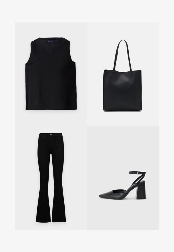Black sleeveless top with a round neckline, made from a smooth fabric. Features a straight cut and clean hem, minimalistic design.; Black high-waist jeans with a button and zip closure, front pockets, and flared legs laid flat on a white background.; Black leather pointy-toe pump with an ankle strap and a chunky heel. Flat texture, sleek design, and minimalistic aesthetics.; Black leather tote bag with smooth texture, rectangular shape, and two long handles. No visible hardware or embellishments.