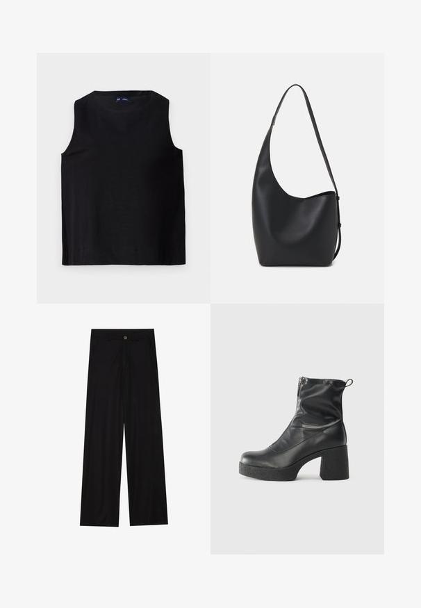 Svart ermeløs topp med rund hals, laget av et glatt stoff. Har en rett skjæring og ren kant, minimalistisk design.; Bredde ben sorte bukser laget av et glatt stoff, med frontlommer og knappelukking i midjen. Minimalistisk design uten mønstre.; Svarte ankelstøvler laget av glatt lær, med glidelås på siden, chunky strukturert hæl, og rund tå-design.; Svart lær hobo-veske med glatt tekstur, buet form og enkelt justerbart stropp; har en bred åpning på toppen.