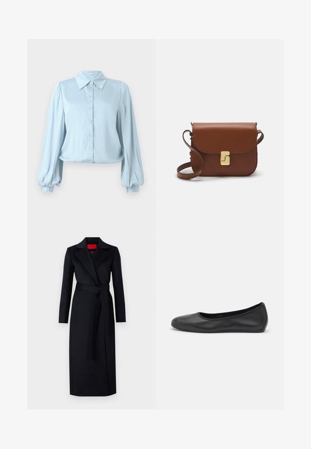 Hofmann Copenhagen FLORA - Pogājama blūze - lavender blue; Melnas pusgarās mēteles ar garām piedurknēm, apvilktu dizainu un atbilstošu jostu. Izgatavota no gludas auduma, ar sagrieztu apkakli un sānu kabatām.; Melna ādas baleta kurpe ar noapaļotu purngalu, gludu tekstūru, minimālu šuvju detalizāciju un elastīgu zoles dizainu.; Bordo ādas rokas soma ar atloku, zeltītām detaļām, plecu siksnu un gludu virsmu. Kompakta, taisnstūrveida forma.