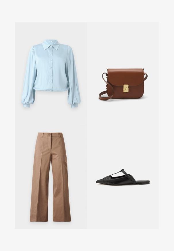 Hofmann Copenhagen FLORA - Button-down blouse - lavender blue; Brown wide-leg trousers made from a smooth fabric, featuring a front button closure, two front pockets, and clean, tailored lines.; Black leather slingback shoe with a pointed toe, featuring a woven accent and pleated upper design. Flat sole with minimal hardware.; Brown leather handbag with a flap closure, gold-tone hardware, a shoulder strap, and a smooth texture. Compact rectangular shape.
