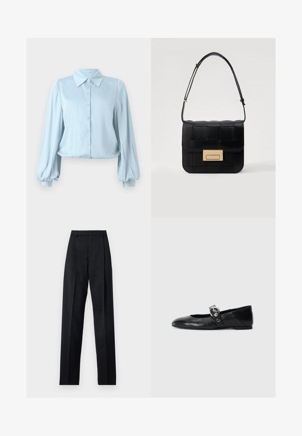 Hofmann Copenhagen FLORA - Button-down blouse - lavender blue; Black trousers made from smooth fabric featuring a high waist, wide legs, front pleats, and classic belt loops. No side pockets visible.; Black leather ballet flats with a pointed toe, featuring a strap with a circular metallic buckle and a flat sole.; Loeffler Randall DESI CROSSBODY WITH LOCK HARDWARE - Cross body bag - black