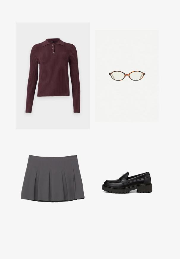 Gestreept poloshirt met lange mouwen in donker bordeauxrood, voorzien van een kleine kraag en drie knopen bij de hals. Zachte textuur met een getailleerde silhouet.; Grijze geplooide rok met een gladde textuur, voorzien van gestikte details en een aansluitende tailleband, eindigend op dijhoogte.; Marc O'Polo LOAFER MIT ROBUSTER PROFIL - Instappers - black; Kattenoogbril met ovale lenzen en een strakke, gladde afwerking. Heeft dunne zijkanten met een subtiele kromming bij de slapen. Transparante lenzen.