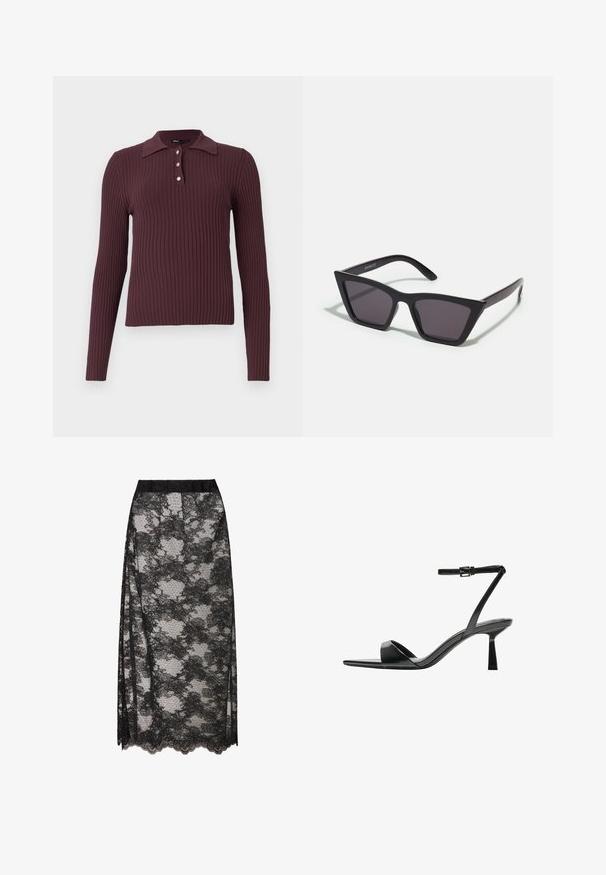 Gestreiftes langärmliges Poloshirt in dunkelburgunderrot mit kleinem Kragen und drei Knöpfen am Hals. Weiche Textur mit taillierter Silhouette.; Schwarzer Spitzenrock mit gewelltem Saum, der ein florales Muster und eine durchsichtige Textur aufweist. Elastischer Bund für einen angenehmen Tragekomfort.; Bershka High Heel Sandalette - black; Schwarze, eckige Sonnenbrille mit grauen Gläsern; aus Kunststoff gefertigt, mit dicken Bügeln, die eine glatte Oberfläche und keine sichtbaren Beschläge haben.; Schwarze Lederhandtasche mit runder, konturiertem Design, ausgestattet mit einem Verschluss aus goldfarbenem Metall und einem einzelnen verstellbaren Trageriemen. Glatte Oberfläche.