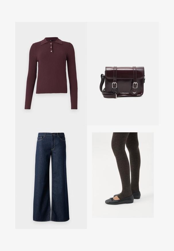 Gestreiftes langärmliges Poloshirt in dunkelburgunderrot mit kleinem Kragen und drei Knöpfen am Hals. Weiche Textur mit taillierter Silhouette.; Weite Jeans in dunkelblauem Denim. Merkmale sind kontrastierende Nähte, fünf Taschen und ein Knopfverschluss an der Taille. Glatte Textur.; Schwarze flache Schuhe mit einem kleinen Schleifendetail an der Zehe, kombiniert mit dunkelbraunen gerippten Strumpfhosen. Die Schuhe haben eine glatte Textur und ein niedriges Profil.; Burgunderfarbene Patelleder-Crossbody-Tasche mit rechteckiger Form, zwei Riemen, silberfarbener Hardware und einem Klappenverschluss.