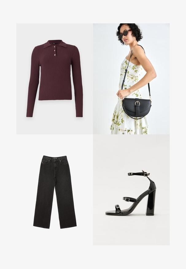 Polo à manches longues côtelé de couleur bordeaux foncé avec un petit col et trois boutons au niveau du cou. Texture douce avec une silhouette ajustée.; Jean noir à jambe large en denim, ornés de petits motifs à pois, avec un design classique à cinq poches et une fermeture à bouton et zip.; Sandales à talons vernies noires avec un bout carré, des sangles autour de la cheville et des boucles en argent. Dotées d'un talon bloc épais pour plus de stabilité.; Sac à main en cuir noir avec une forme courbée, bandoulière amovible et des accessoires en or. Le sac est doté d'un rabat avec un détail de boucle.