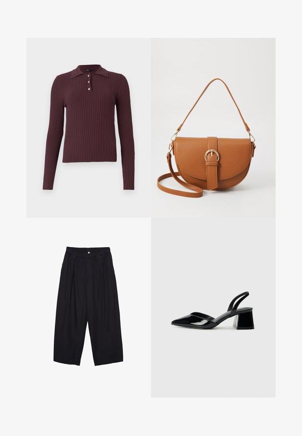 Žebrovaná polokošeľa s dlhým rukávom v tmavo vínovej farbe, s malým golierom a tromi gombíkmi na krku. Mäkká textúra s priliehavou siluetou.; Čierne polyesterové culotte nohavice s elastickým pásom, dvoma prednými záhybmi a voľným strihom. Žiadne viditeľné vzory ani detaily z kovu.; Čierne lakované kožené sandálové podpätky s špicatou špičkou a geometrickým blokovým podpätkom. Disponujú elegantným, minimalistickým dizajnom a hladkým povrchom.; Hnedá kožená kabelka cez telo s zakriveným tvarom, zlatými kovovými doplnkami a akcentom s prackou. Obsahuje odnímateľný ramenný popruh.