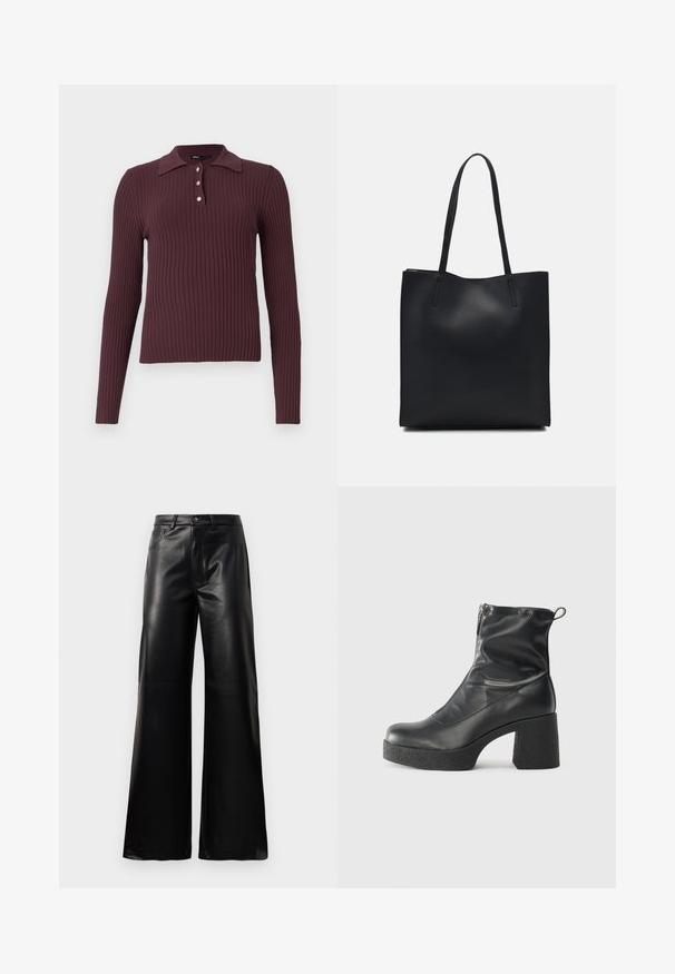Gestreiftes langärmliges Poloshirt in dunkelburgunderrot mit kleinem Kragen und drei Knöpfen am Hals. Weiche Textur mit taillierter Silhouette.; Schwarze leichte, weit geschnittene, hochtaillierte Kunstlederhose mit vorderem Knopf, Reißverschluss, Gürtelschlaufen und Seitentaschen auf weißem Hintergrund.; Schwarze Stiefeletten aus glattem Leder mit seitlichem Reißverschluss, klobigem strukturiertem Absatz und runder Zehenform.; Schwarze Laptoptasche aus Leder mit glatter Textur, rechteckiger Form und zwei langen Griffen. Keine sichtbaren Beschläge oder Verzierungen.