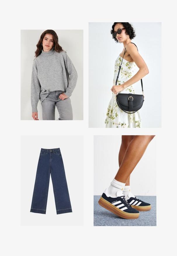 Heledad hallhallane turtleneck särk pehmeast kudumist, ribiga varrukatega, koos sobivate hallide teksadega. Lihtne, kaasaegne disain.; Laiad püksid tumedast sinisest denimist. Omab viit taskut, vöölõke ja toore äärega allosas, kus on nähtavad õmblused.; Mustad seemisnahast tossud valgete triipude ja detailidega, ümarate varbassosadega, kummist välistallaga, paaritatud valgete soonikuliste meessokkidega.; Mustmust mustraha kõverate joontega, eemaldatava rihmaga ja kuldsete detailidega. Kotil on klapp, millel on pandladetail.