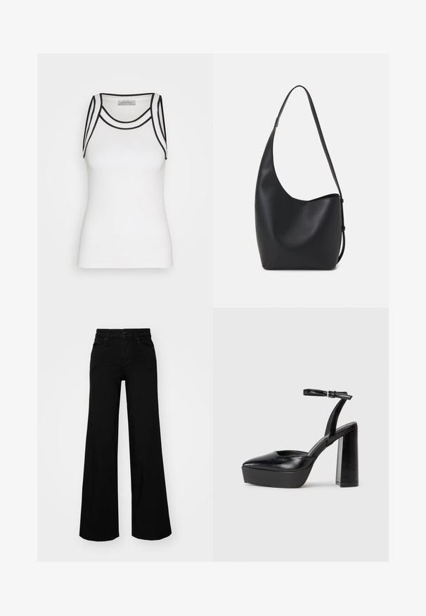 Balta marškinėlių tank top stiliaus, pagaminta iš raukšlėtos medžiagos, su juodais akcentais prie apykaklės ir rankovių, turinti prigludusį siluetą.; Juodos plačios kelnės iš denimo, turinčios struktūruotą juosmenį, diržo kilpas ir priekines kišenes. Lygus paviršius su klasikinio dizaino elementais.; Juodi platforminiai aukšti kulniukai su smailiu kojų pirštu ir reguliuojamu kulkšnies dirželiu. Pagaminti iš lygaus odos, turi masyvų blokinį kulną.; Juodas odinis hobo maišas su lygiu paviršiumi, kreipta forma ir viena reguliuojama rankena; turi platų atidarymą viršuje.