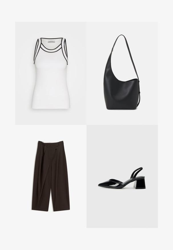 White tank top made of ribbed fabric, featuring black accents along the neckline and armholes, with a fitted silhouette.; Dark brown wide-leg trousers with a high waist, featuring a single button closure and a pleated front. Made from lightweight fabric.; Black patent leather slingback heels with a pointed toe and a geometric block heel. Features a sleek, minimal design and smooth texture.; Black leather hobo bag with a smooth texture, curved shape, and single adjustable strap; features a wide opening at the top.