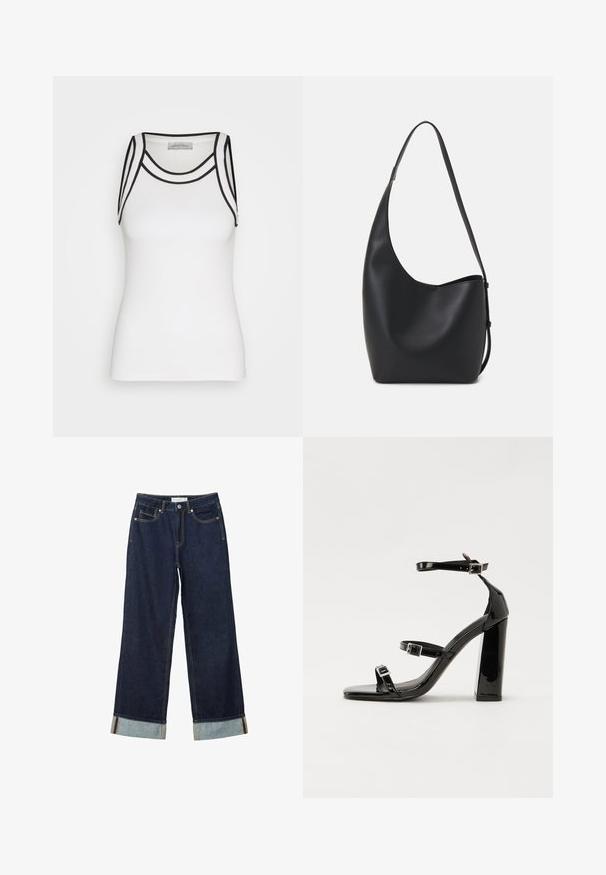 Bela majica na bretele iz rebrastog materiala, s črnimi detajli ob izrezu in armholes, ter oprijetim silhueto.; Temno modri široki jeans z visokim pasom, s zavitimi manšetami, kontrastnim šivanjem in dizajnom s petimi žepi. Narejeni iz jeansa.; Črne lakirane sandale s peto, kvadratnim prstom, trakovi okrog gležnja in srebrnimi zaponkami. Opremljene so s stabilno Debelo peto.; Črna usnjena hobo torba z gladko teksturo, ukrivljeno obliko in eno nastavljivo naramnico; ima širok odprtina na vrhu.