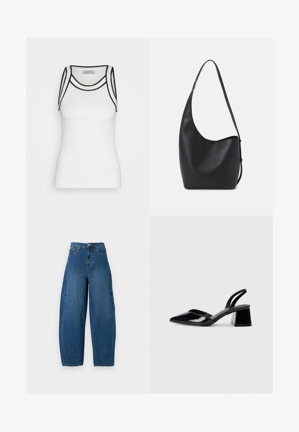 Top bianco in tessuto a coste, con dettagli neri lungo il collo e le aperture delle maniche, dalla silhouette aderente.; Jeans in denim con un lavaggio blu medio, caratterizzati da una vita alta, una gamba larga e un design a cinque tasche standard con dettagli di cucitura visibili.; Décolleté in vernice nera con punta affusolata e tacco in geometria cubica. Presentano un design elegante e minimalista, con una texture liscia.; Borsa hobo nera in pelle con una superficie liscia, forma curvata e una singola tracolla regolabile; presenta un'ampia apertura nella parte superiore.