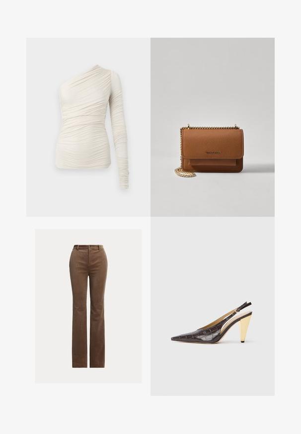 Asymetrický krémový top z měkké látky, s jedním dlouhým rukávem a žebrovanými detaily po celé délce. Jednoduchý, přiléhavý střih.; Hnědé kordové kalhoty s rovnými nohavicemi, které mají poutka na opasek, přední kapsy a jemné vertikální žebrování pro texturu.; Slinbková podpatková obuv s špičatou špičkou v tmavě hnědé lesklé umělé krokodýlí kůži. Obsahuje zlatý geometrický podpatek a nastavitelný páskový pásek kolem kotníku.; Hnědá texturovaná kožená kabelka přes rameno se zlatým řetízkovým popruhem a klopnovým uzavíráním. Přední strana obsahuje detail loga a kapsu pod klopou.