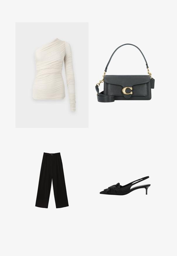 Asymmetrisches cremefarbenes Oberteil aus weichem Stoff, mit einem langen Ärmel und gerafften Details. Einfaches, figurbetontes Design.; Schwarze, weit geschnittene Hose mit hoher Taille, ausgestattet mit einem Gürtel in der Taille und Falten für Struktur. Hergestellt aus einem glatten, leichten Stoff.; Schwarze Slingback-Absätze mit spitzem Zehenbereich, Schleifendetail auf dem Rist, strukturiertem Stoff und einem schmalen, glanzvollen 3-Zoll-Absatz.; Schwarze Lederhandtasche mit goldenen Hardware-Akzenten, ausgestattet mit einem charakteristischen Verschluss, einem abnehmbaren Schultergurt und einer strukturierten Oberfläche.