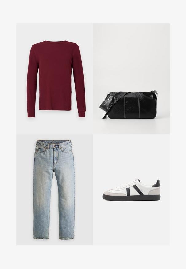 Dugih rukava, rebrasti duks u tamnocrvenoj boji, s okruglim izrezom i pripijenim manžetama. Glatka tekstura, bez vidljivih uzoraka ili naglasaka.; Svijetloplave traperice visoki struk, prednji gumb, zatvarač i dizajn s pet džepova, položene ravno na neutralnoj pozadini.; Bijele tenisice s crnim i sivim detaljima, s teksturiranim sivim zaštitnikom prstiju, crnim gumene potplate i ravnim bijelim vezicama. Čist dizajn, minimalistički stil.; Crna kožna torba preko ramena s zatvaranjem na patentni zatvarač, s teksturiranim tijelom, bijelim šavovima i remenom sa srebrnim okovima.