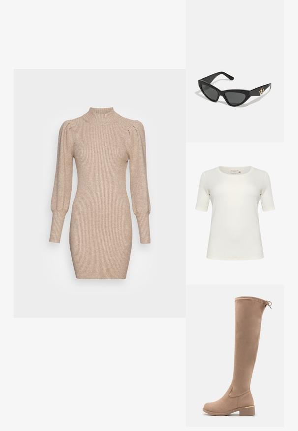 Korte mouw t-shirt in off-white, gemaakt van zachte katoen. Heeft een ronde hals en een gladde, naadloze textuur. Geen opvallende accenten.; Gebreide jurk in beige met een ribbelstructuur, hoge hals en puffmouwen. Strak aansluitende silhouet met een korte zoom.; Kniehoge beige suède laarzen met een ronde neus, blokhak en subtiele gouden accent op de hak. Gladde textuur met een aansluitend ontwerp.; Cat-eye zonnebrillen met een matte zwart plastic frame, donkere lenzen en een gouden logo-accent op de poot. Hoekig ontwerp en een soepele textuur.; Michael Kors polsbandje in beige gecoate canvas met een herhaald MK-logo patroon, gouden hardware en een afneembare kettingriem.